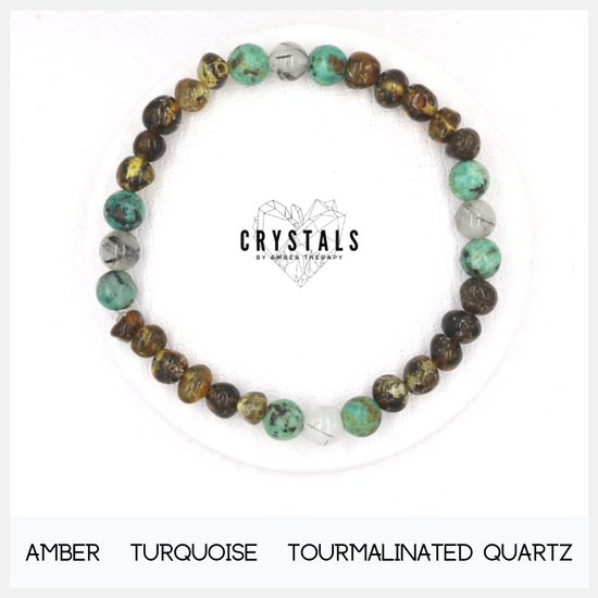 Amber, Turquoise & Tourmalinated Quartz Adult Bracelet