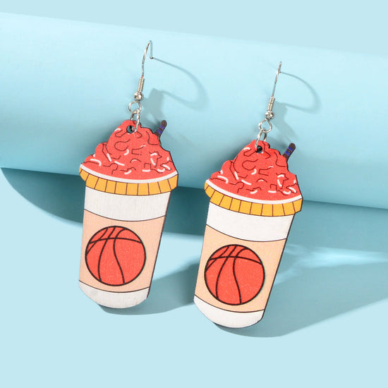 Funny Basketball Pattern Drink Shape Wood Dangle Earrings Sports Jewellery Gifts