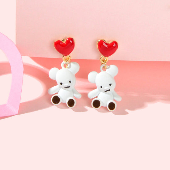 Cute Cartoon Red Love Heart White Bear Funny Stud Earrings Perfect as a Gift