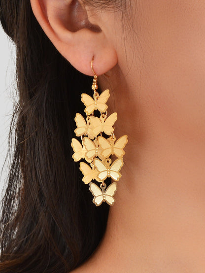 Women's Fashion Hot Pink Purple Hollow Multi-level Butterfly Chandelier Earrings