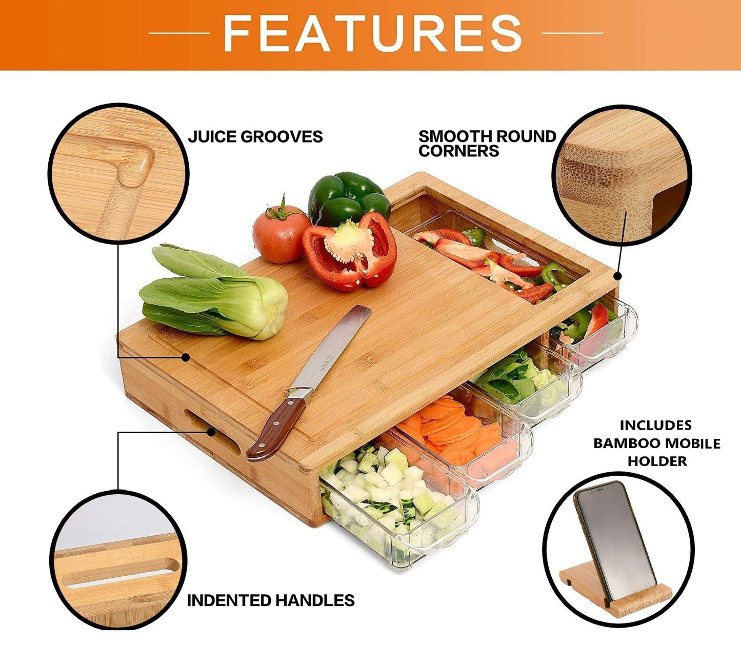 CARLA HOME Large Bamboo Cutting Board and 4 Containers with Mobile Holder gift included for Home Kitchen