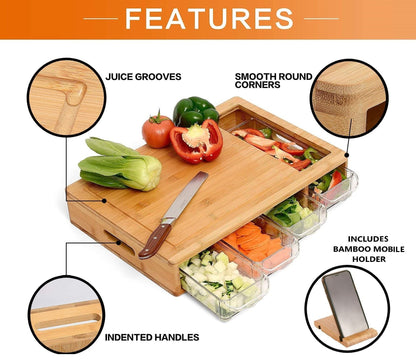 CARLA HOME Large Bamboo Cutting Board and 4 Containers with Mobile Holder gift included for Home Kitchen