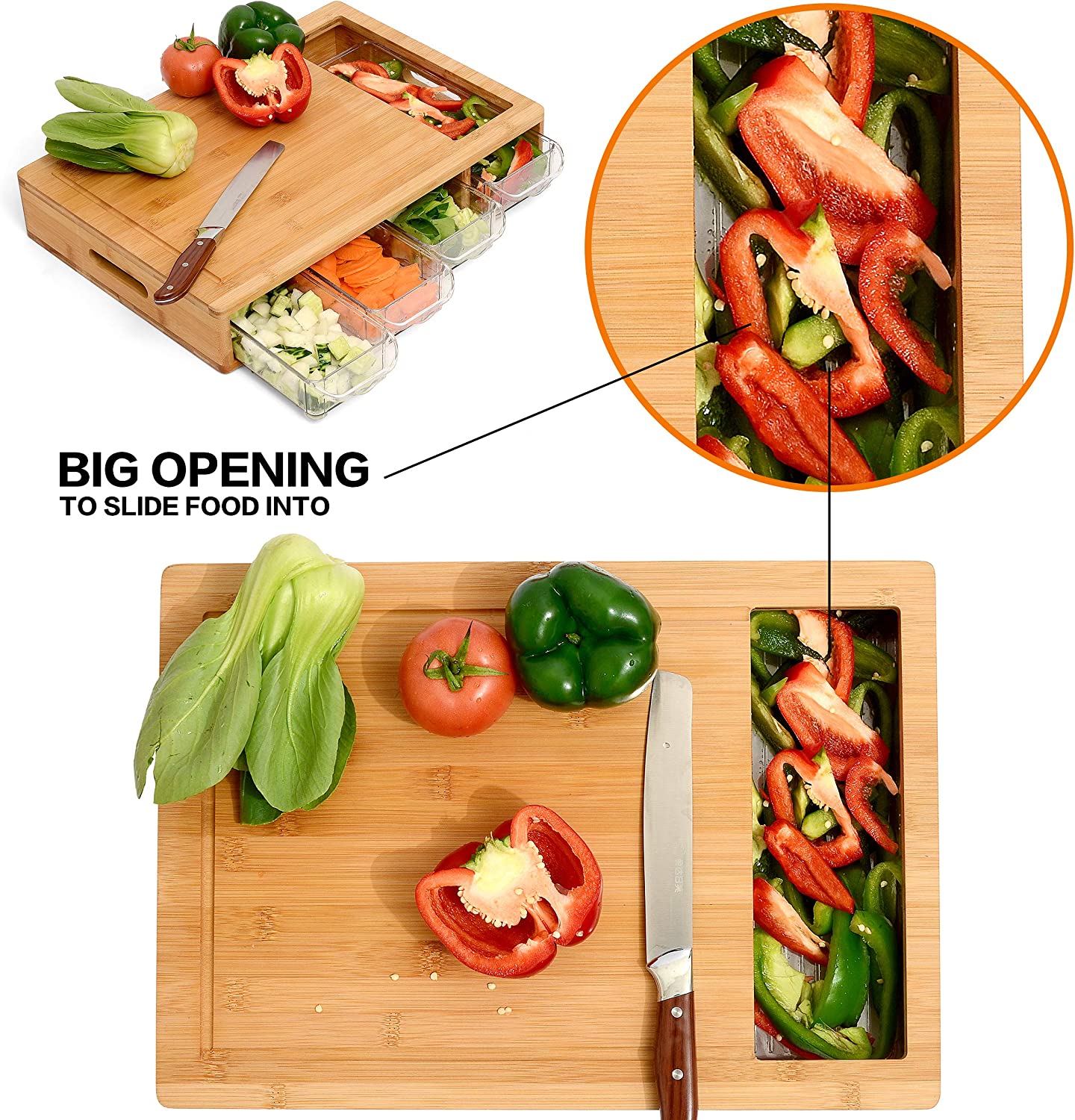 CARLA HOME Large Bamboo Cutting Board and 4 Containers with Mobile Holder gift included for Home Kitchen