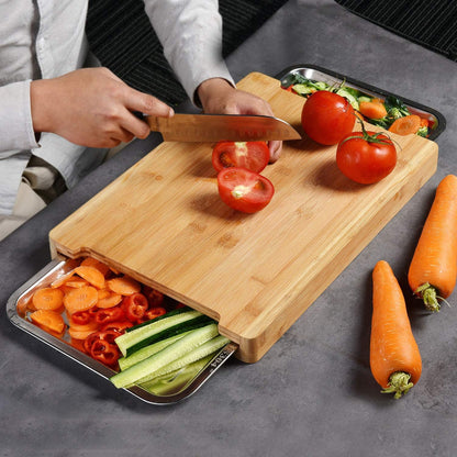 CARLA HOME Chopping Board with with 2 Organiser Stainless Steel Trays Containers