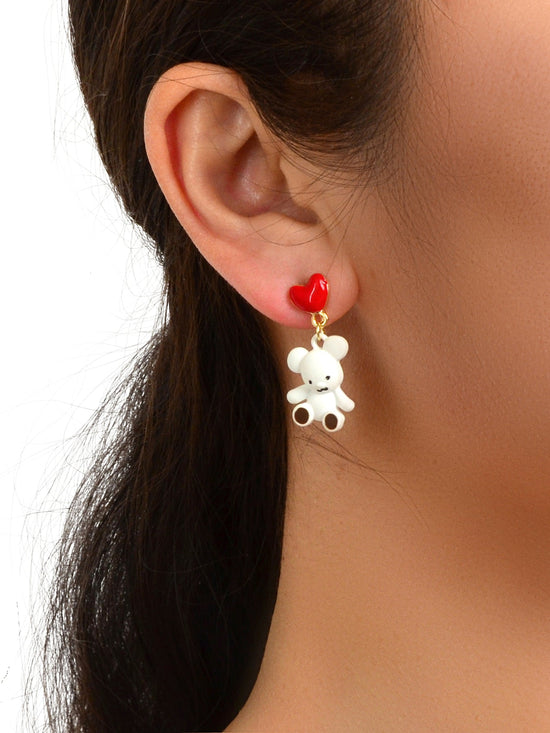 Cute Cartoon Red Love Heart White Bear Funny Stud Earrings Perfect as a Gift