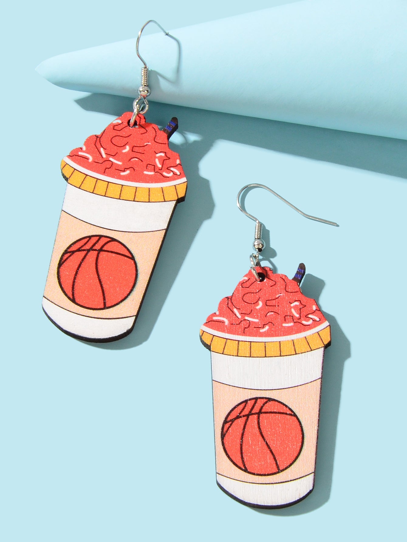 Funny Basketball Pattern Drink Shape Wood Dangle Earrings Sports Jewellery Gifts