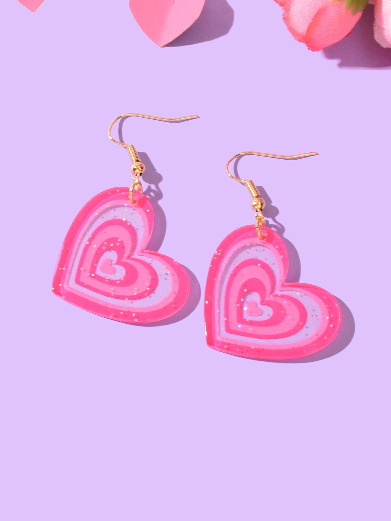 Candy Colour Pink Purple Acrylic Heart Pendant Earrings Festival Jewellery Gift