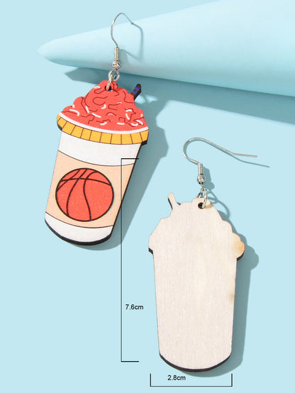 Funny Basketball Pattern Drink Shape Wood Dangle Earrings Sports Jewellery Gifts