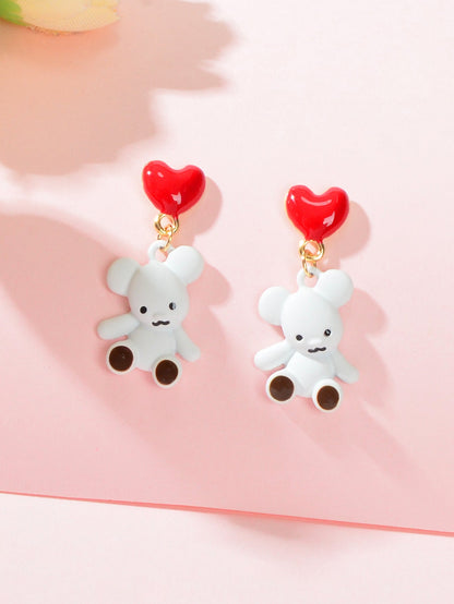 Cute Cartoon Red Love Heart White Bear Funny Stud Earrings Perfect as a Gift