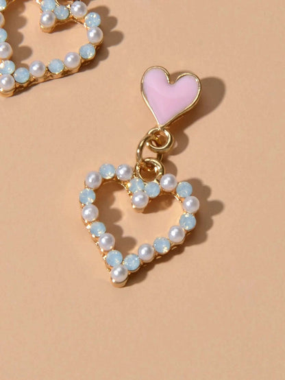 Personality Pink Enamel Pearl Heart Drop Earrings Dainty Gifts for Women Girls