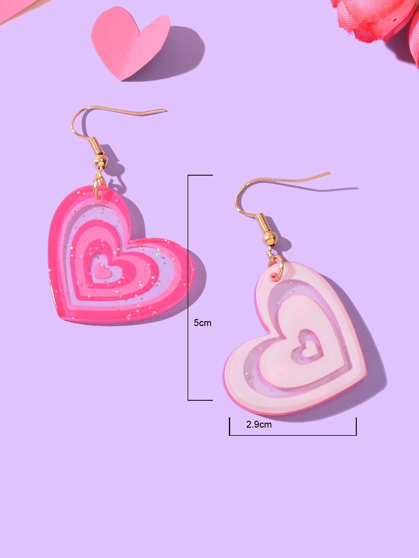 Candy Colour Pink Purple Acrylic Heart Pendant Earrings Festival Jewellery Gift