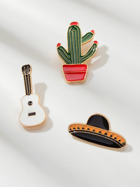 3 pcs Enamel Pin Set Lovely Guitar Cap Cactus Brooch Pins Decorative Lapel Badge