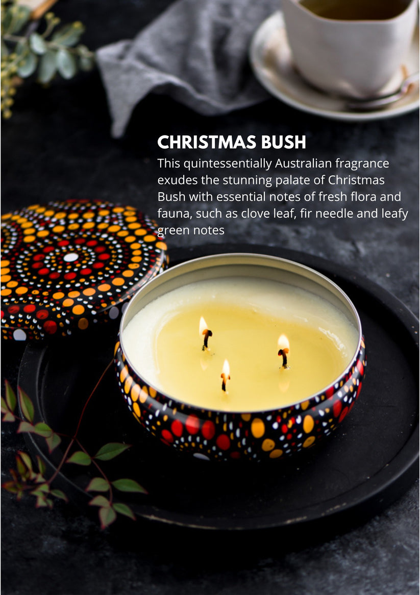 Yellow and Red Dot art candle tins filled with Christmas Bush fragrance