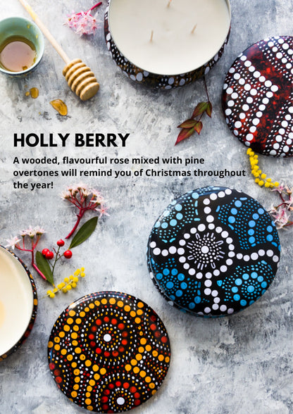 Blue and White Dot art candle tin filled with Holly Berry Christmas fragrance
