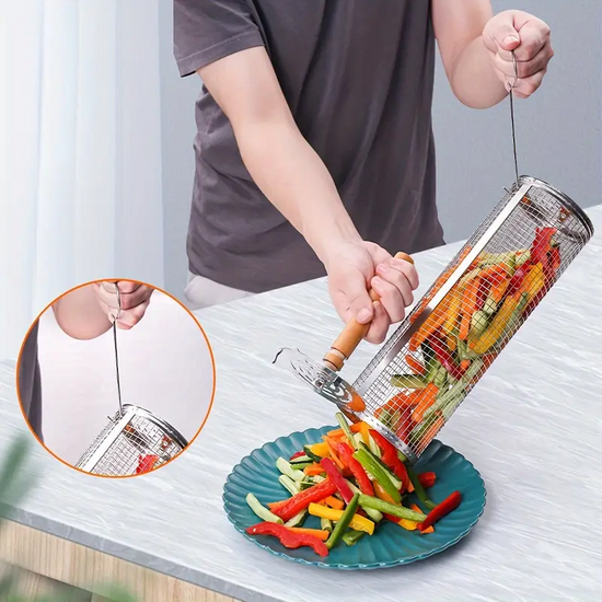 2-Pack Stainless Steel Rotating Grill Baskets with Removable Wooden Handle ‚Äö√Ñ√¨ Durable 304 Mesh for Veggies, Prawns & More ‚Äö√Ñ√¨ Perfect for BBQ, Camping & Outdoor Cooking, Great Gift for Dad or Husband