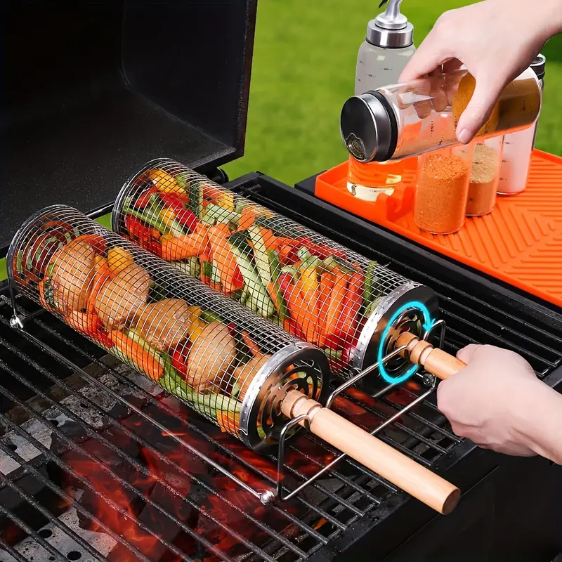 2-Pack Stainless Steel Rotating Grill Baskets with Removable Wooden Handle ‚Äö√Ñ√¨ Durable 304 Mesh for Veggies, Prawns & More ‚Äö√Ñ√¨ Perfect for BBQ, Camping & Outdoor Cooking, Great Gift for Dad or Husband