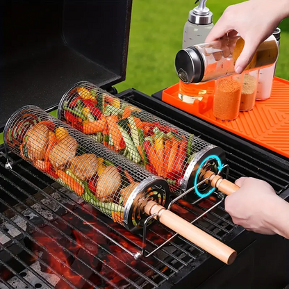2-Pack Stainless Steel Rotating Grill Baskets with Removable Wooden Handle ‚Äö√Ñ√¨ Durable 304 Mesh for Veggies, Prawns & More ‚Äö√Ñ√¨ Perfect for BBQ, Camping & Outdoor Cooking, Great Gift for Dad or Husband