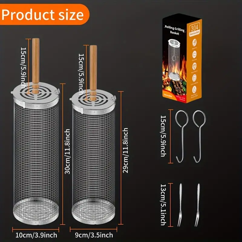2-Pack Stainless Steel Rotating Grill Baskets with Removable Wooden Handle ‚Äö√Ñ√¨ Durable 304 Mesh for Veggies, Prawns & More ‚Äö√Ñ√¨ Perfect for BBQ, Camping & Outdoor Cooking, Great Gift for Dad or Husband