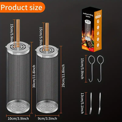 2-Pack Stainless Steel Rotating Grill Baskets with Removable Wooden Handle ‚Äö√Ñ√¨ Durable 304 Mesh for Veggies, Prawns & More ‚Äö√Ñ√¨ Perfect for BBQ, Camping & Outdoor Cooking, Great Gift for Dad or Husband