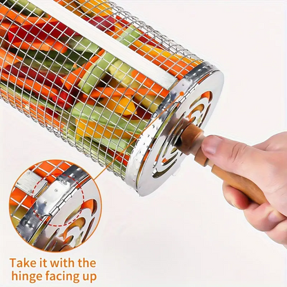 2-Pack Stainless Steel Rotating Grill Baskets with Removable Wooden Handle ‚Äö√Ñ√¨ Durable 304 Mesh for Veggies, Prawns & More ‚Äö√Ñ√¨ Perfect for BBQ, Camping & Outdoor Cooking, Great Gift for Dad or Husband