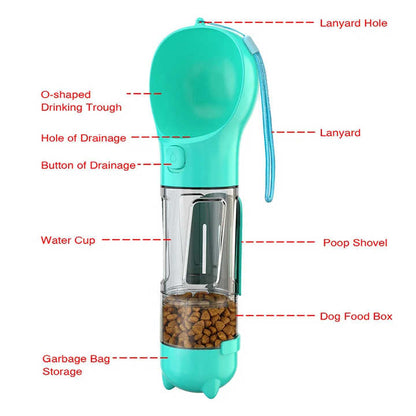 NNEDSZ Green 500ml Portable Pet Water Bottle | Multifunctional Travel Pet Feeder | Outdoor Dog Drinking Bottle with Waste Shovel