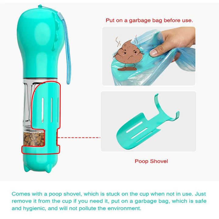 NNEDSZ Green 500ml Portable Pet Water Bottle | Multifunctional Travel Pet Feeder | Outdoor Dog Drinking Bottle with Waste Shovel