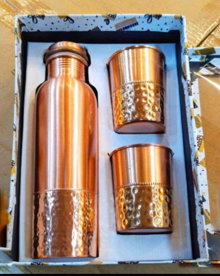 Ayurvedic Copper Water Bottle & Glass Gift Set - 100% Pure Copper, Sustainable Wellness Gift for Diwali, Christmas, Corporate Gifts
